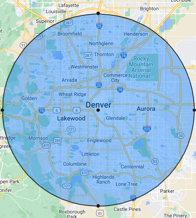 Circular photo of the area around Denver that is covered by Express Shine.